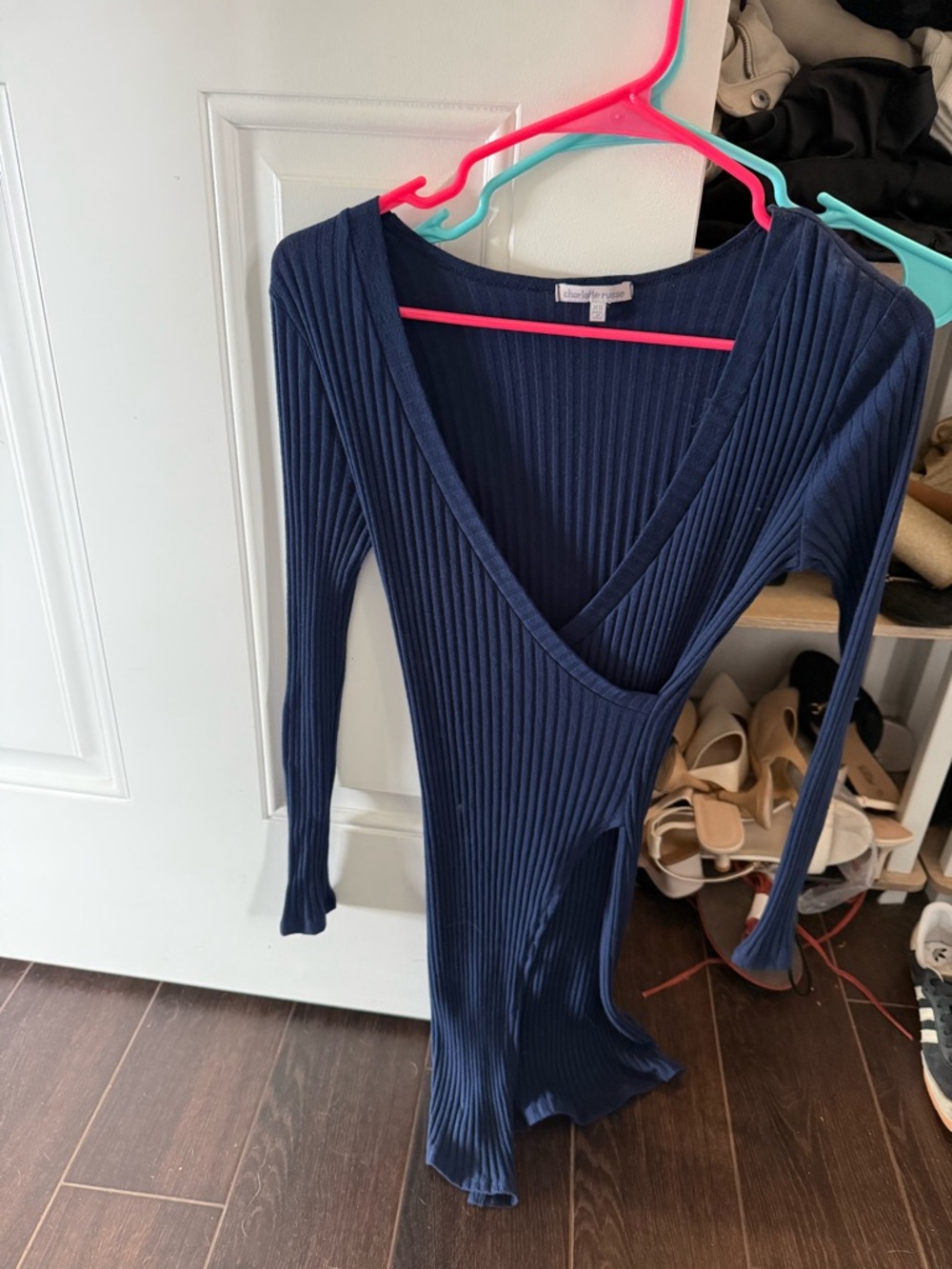 Navy Ribbed Wrap-Style Long Sleeve Dress